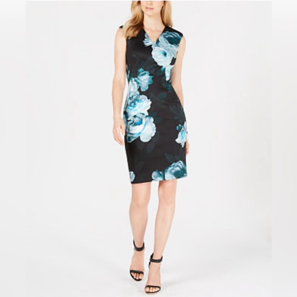 Calvin Klein Dresses & Skirts - Calvin Klein Scuba Mini Dress in Blue Floral Print with Gold Zipper Office Work